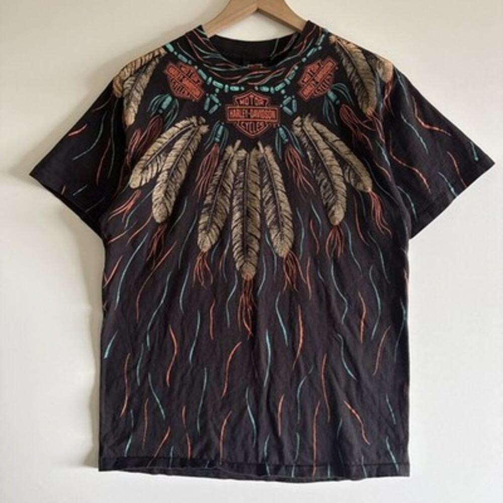 Large 1990s Harley Davidson Tribal Feathers All Over Print Shirt
